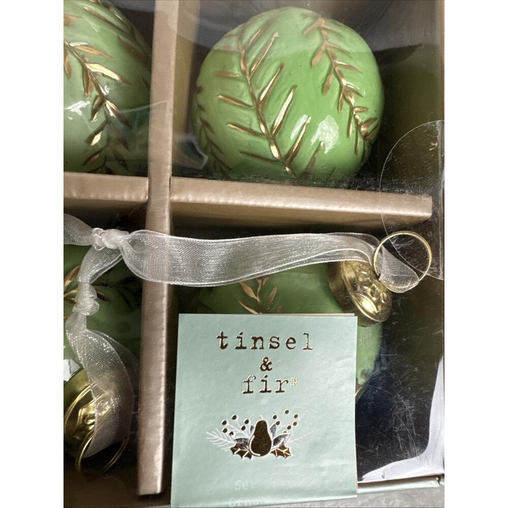 Tinsel And Fir glass ornaments Mint Green And Gold Stitching BOX OF 6 NIB NEW - Picture 2 of 10